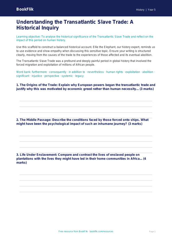 Free Slavery Writing Frame | Year 5 Greater Depth | BookFlik worksheet preview — History Slavery