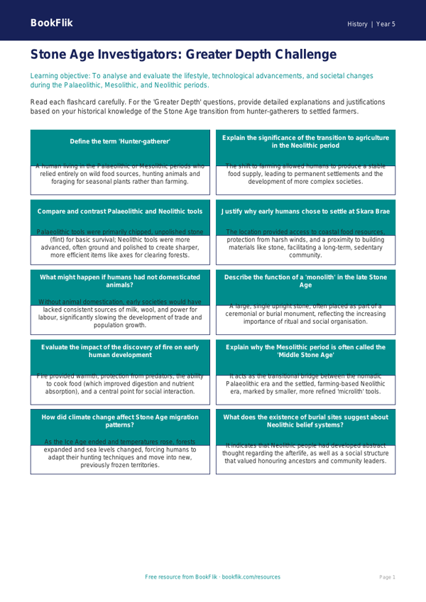 Free Stone Age Flashcards | Year 5 Greater Depth | BookFlik worksheet preview — History Stone Age