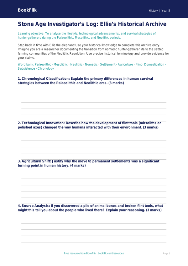 Free Stone Age Template | Year 5 Greater Depth | BookFlik worksheet preview — History Stone Age