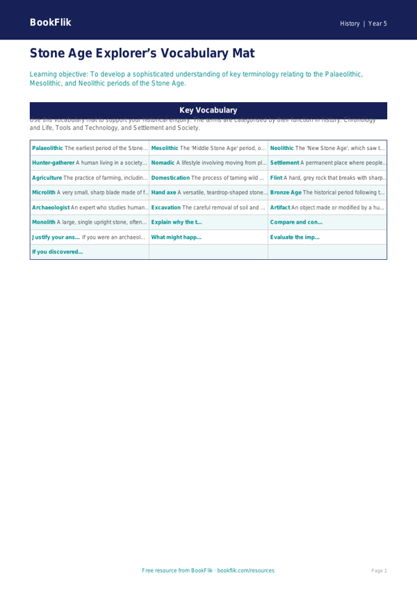 Free Stone Age Word Mat | Year 5 Greater Depth | BookFlik worksheet preview — History Stone Age