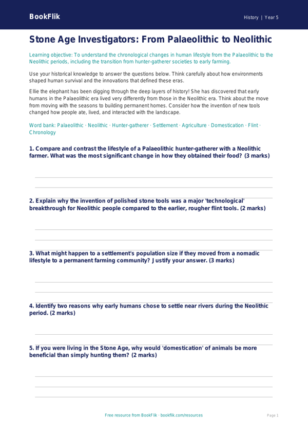 Free Stone Age Worksheet | Year 5 Greater Depth | BookFlik worksheet preview — History Stone Age