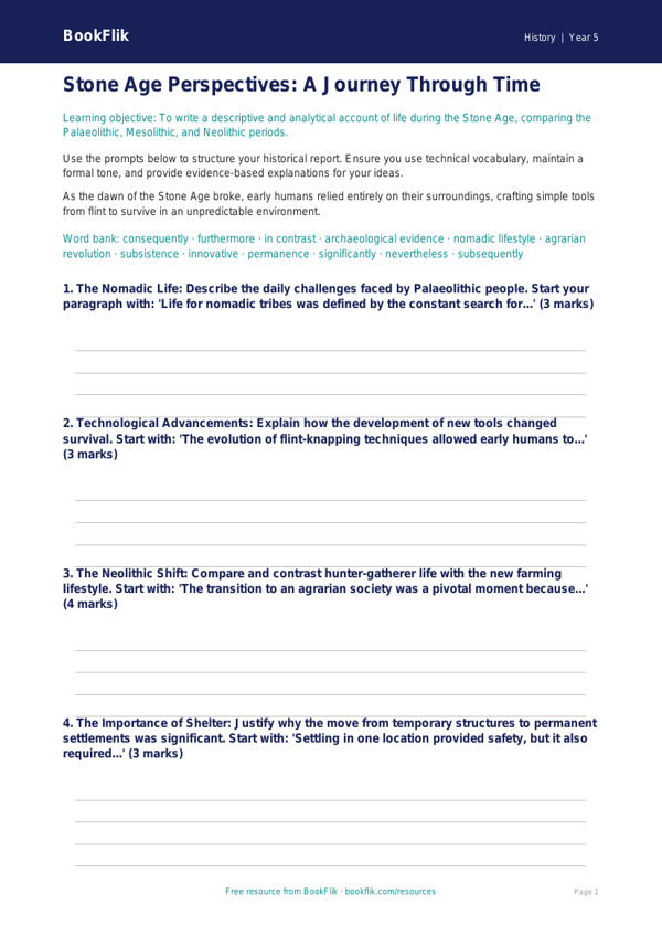 Free Stone Age Writing Frame | Year 5 Greater Depth | BookFlik worksheet preview — History Stone Age