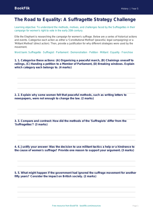 Free Suffragettes Activity Sheet | Year 5 Greater Depth | BookFlik worksheet preview — History Suffragettes