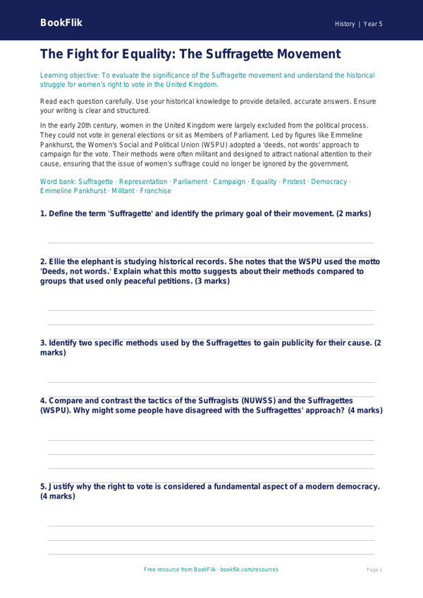 Free Suffragettes Assessment | Year 5 Greater Depth | BookFlik worksheet preview — History Suffragettes