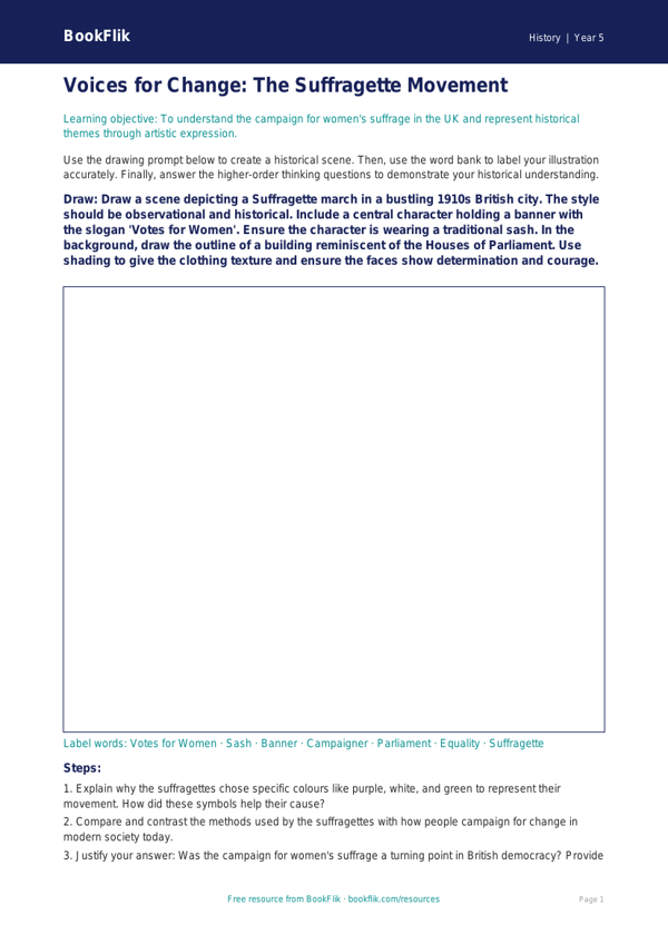 Free Suffragettes Drawing Sheet | Year 5 Greater Depth | BookFlik worksheet preview — History Suffragettes