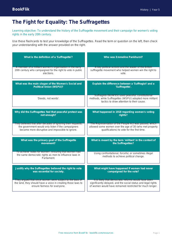 Free Suffragettes Flashcards | Year 5 Greater Depth | BookFlik worksheet preview — History Suffragettes