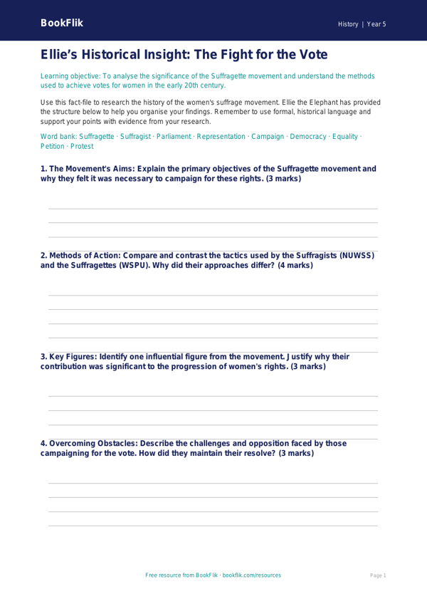 Free Suffragettes Template | Year 5 Greater Depth | BookFlik worksheet preview — History Suffragettes