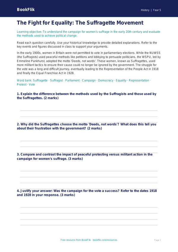 Free Suffragettes Worksheet | Year 5 Greater Depth | BookFlik worksheet preview — History Suffragettes