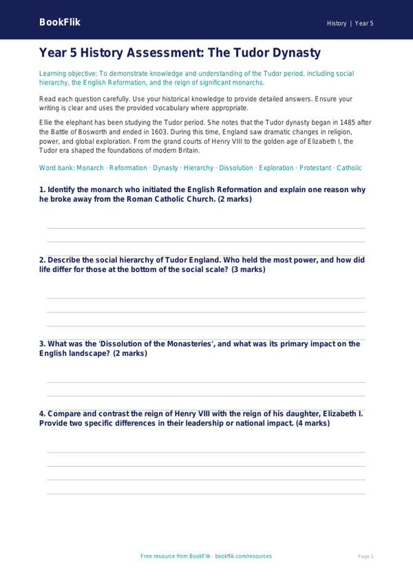 Free Tudors Assessment | Year 5 Greater Depth | BookFlik worksheet preview — History Tudors