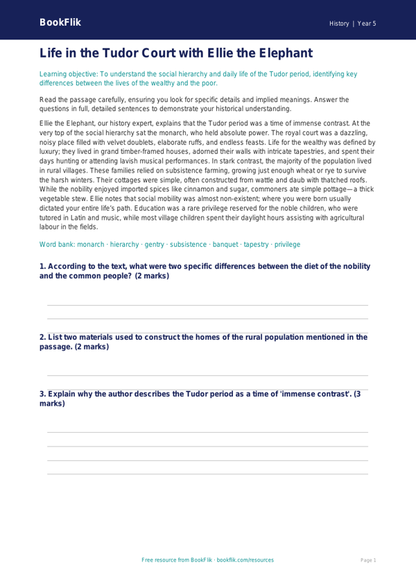 Free Tudors Comprehension | Year 5 Greater Depth | BookFlik worksheet preview — History Tudors
