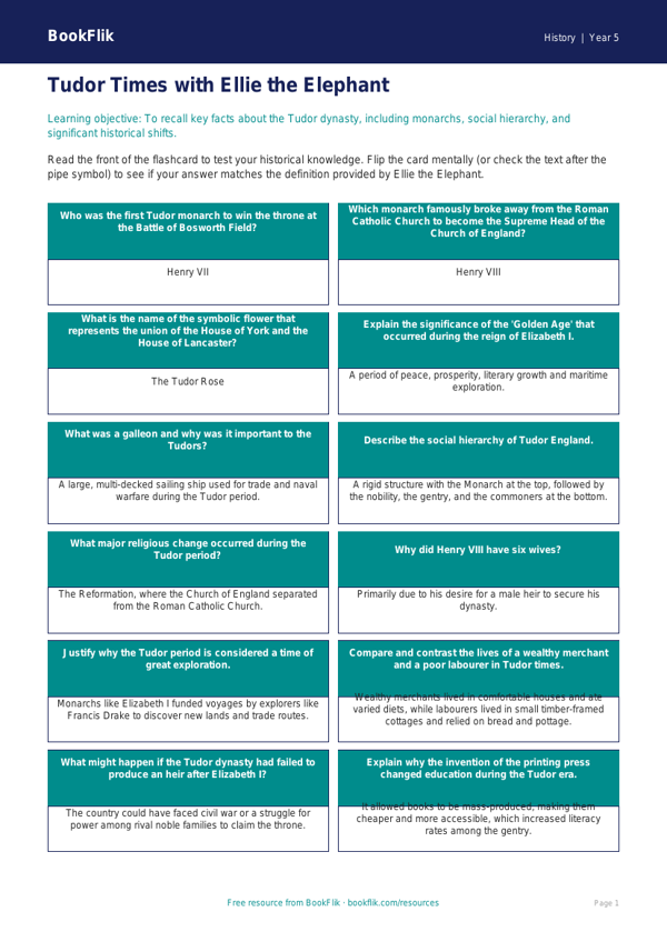 Free Tudors Flashcards | Year 5 Greater Depth | BookFlik worksheet preview — History Tudors