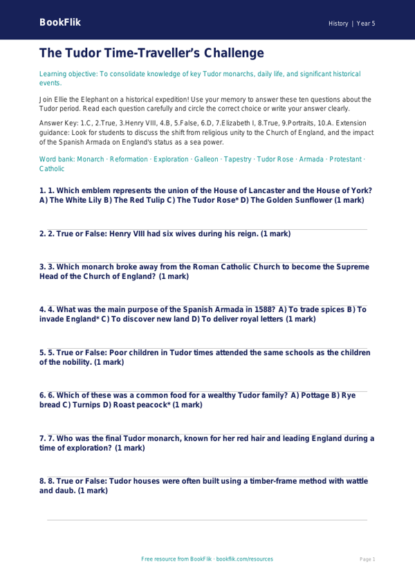 Free Tudors Quiz | Year 5 Greater Depth | BookFlik worksheet preview — History Tudors