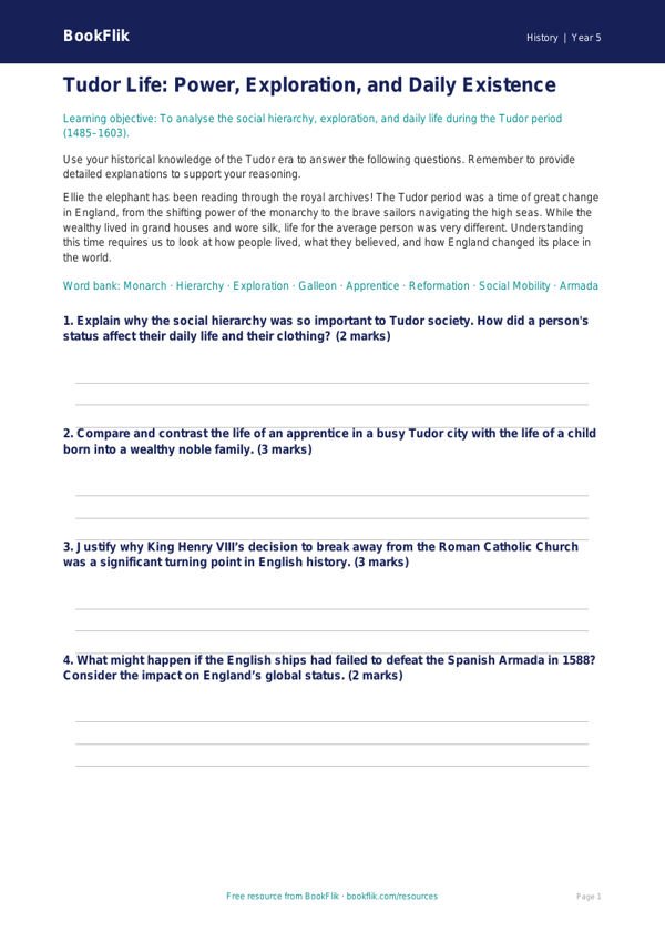 Free Tudors Worksheet | Year 5 Greater Depth | BookFlik worksheet preview — History Tudors