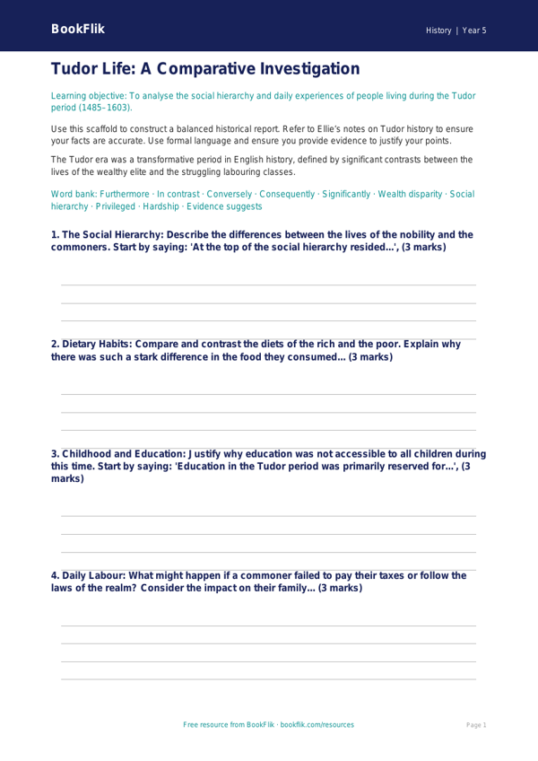 Free Tudors Writing Frame | Year 5 Greater Depth | BookFlik worksheet preview — History Tudors