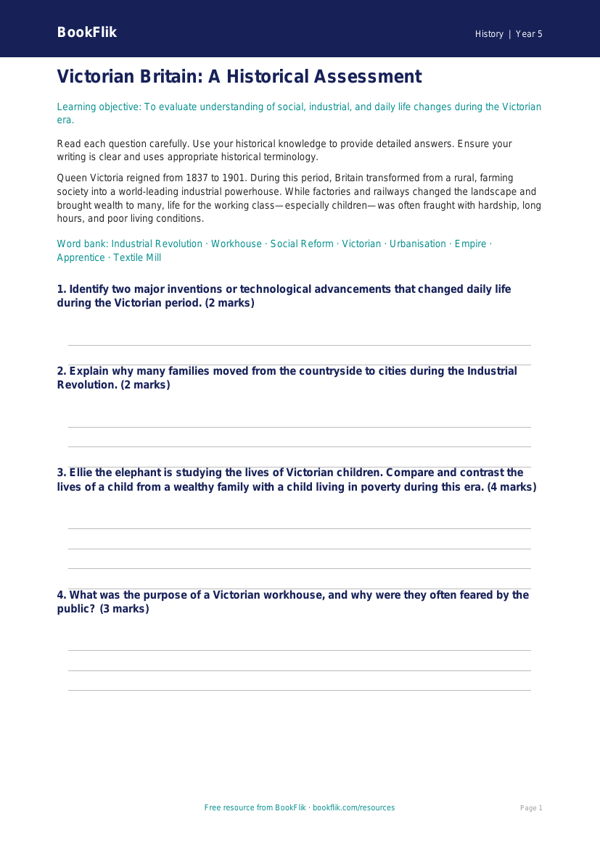 Free Victorians Assessment | Year 5 Greater Depth | BookFlik worksheet preview — History Victorians