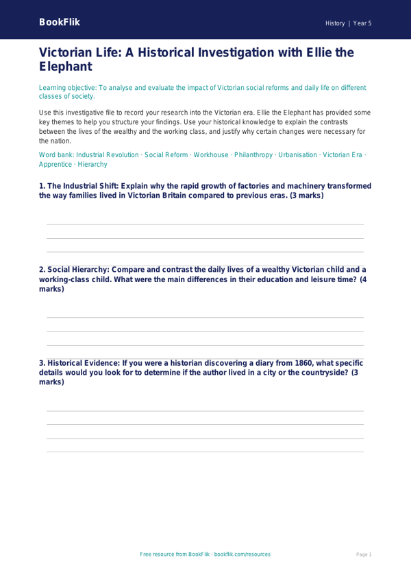Free Victorians Template | Year 5 Greater Depth | BookFlik worksheet preview — History Victorians