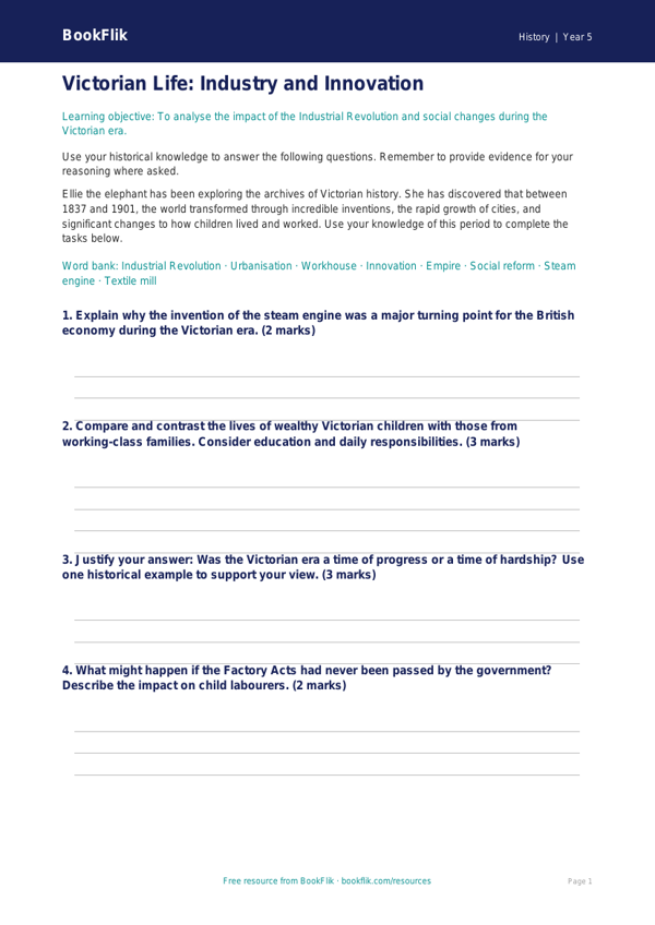 Free Victorians Worksheet | Year 5 Greater Depth | BookFlik worksheet preview — History Victorians