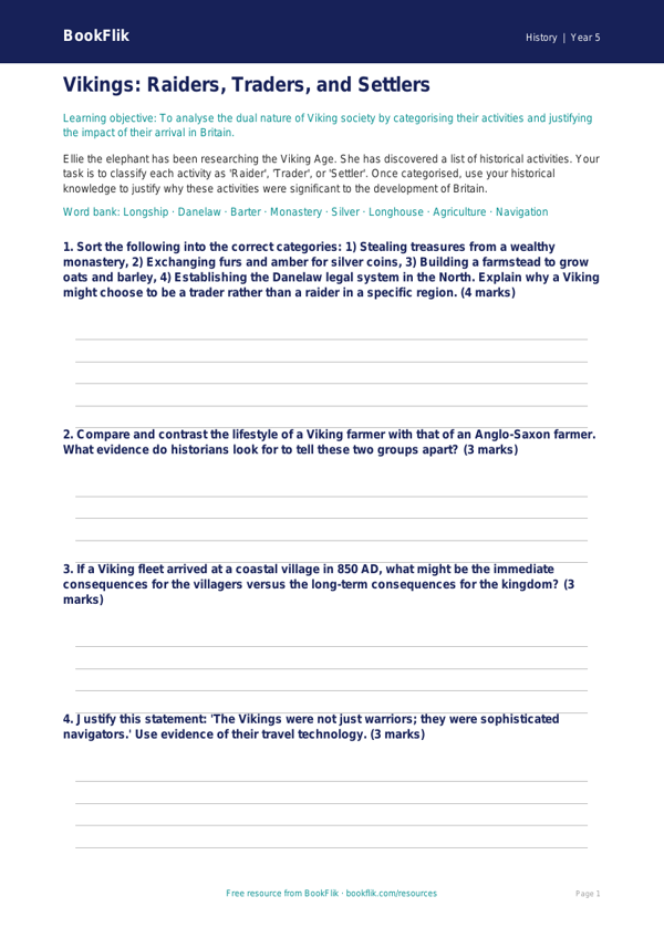 Free Vikings Activity Sheet | Year 5 Greater Depth | BookFlik worksheet preview — History Vikings