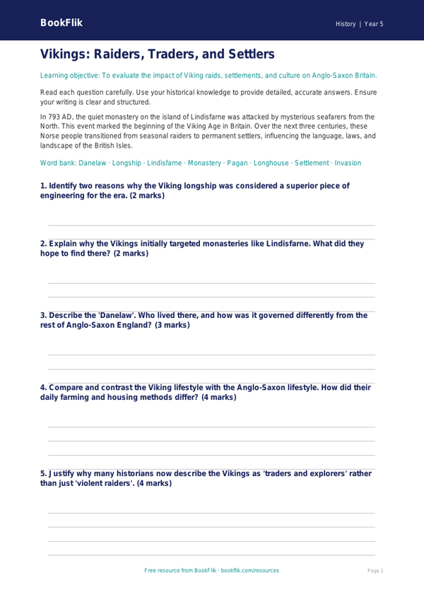 Free Vikings Assessment | Year 5 Greater Depth | BookFlik worksheet preview — History Vikings