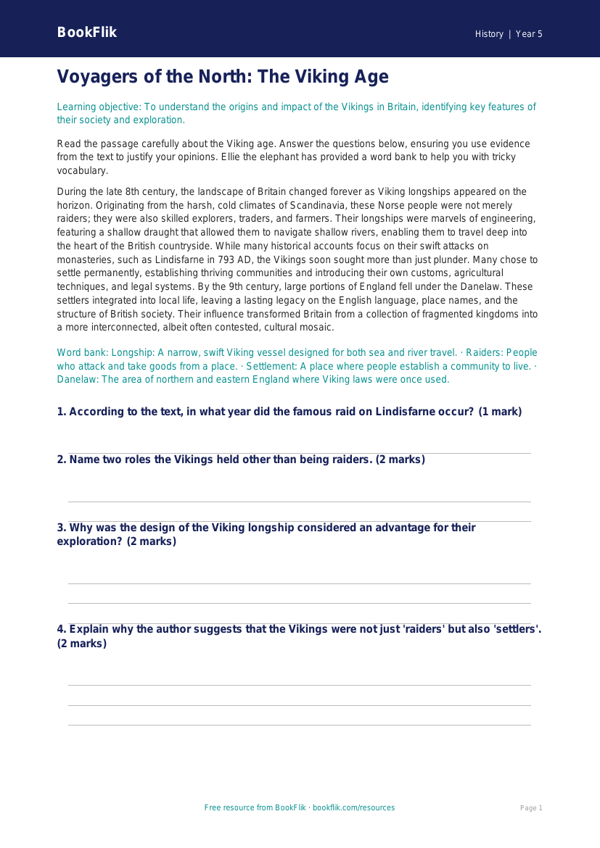 Free Vikings Comprehension | Year 5 Greater Depth | BookFlik worksheet preview — History Vikings
