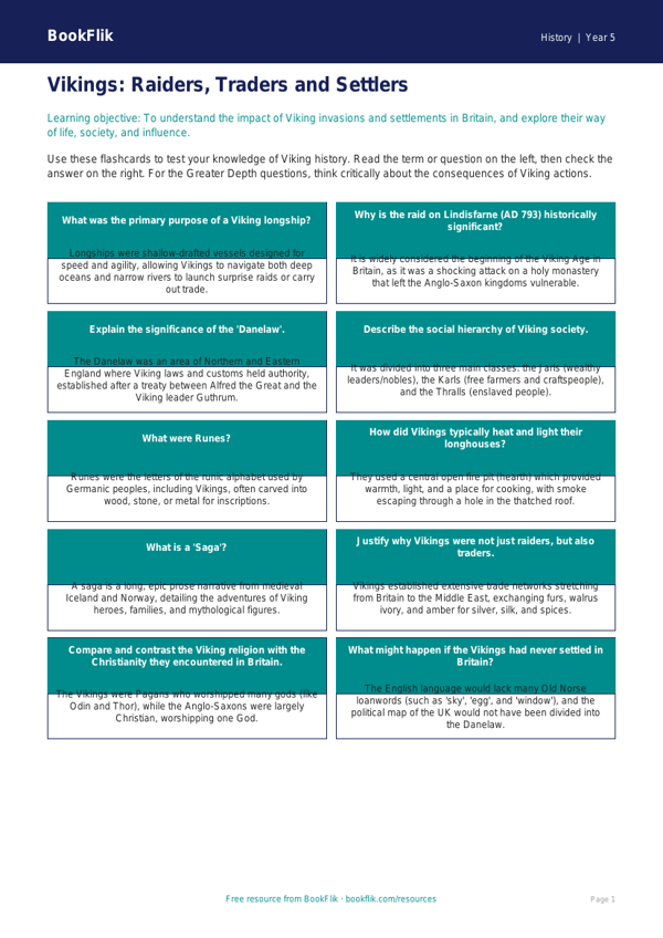 Free Vikings Flashcards | Year 5 Greater Depth | BookFlik worksheet preview — History Vikings