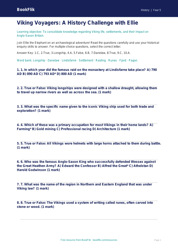 Free Vikings Quiz | Year 5 Greater Depth | BookFlik worksheet preview — History Vikings