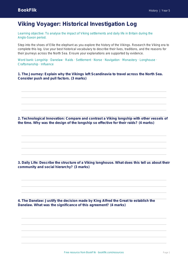 Free Vikings Template | Year 5 Greater Depth | BookFlik worksheet preview — History Vikings