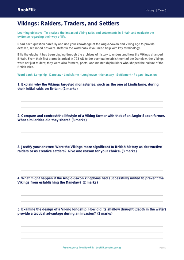 Free Vikings Worksheet | Year 5 Greater Depth | BookFlik worksheet preview — History Vikings
