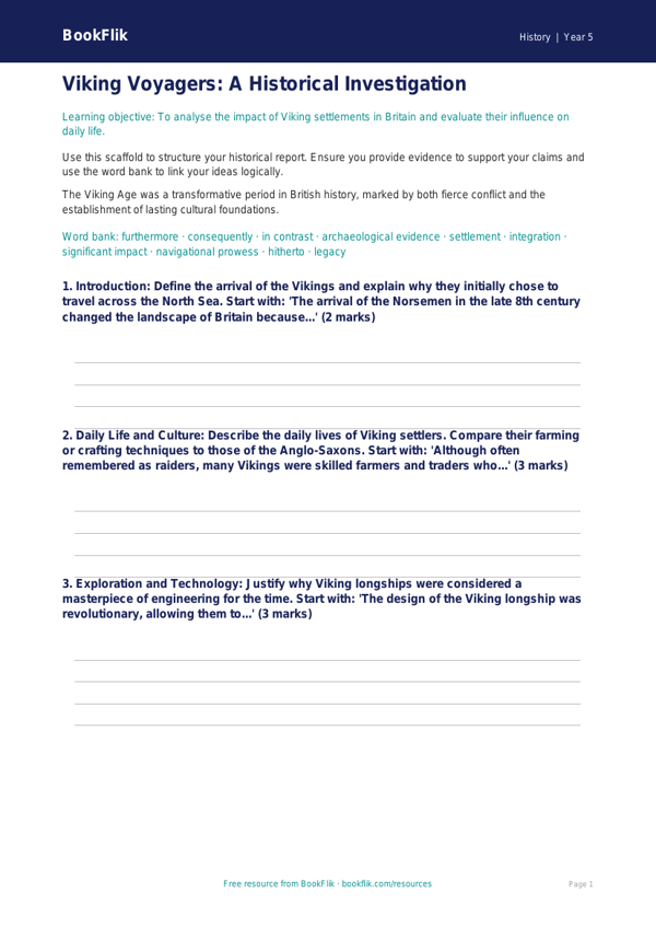 Free Vikings Writing Frame | Year 5 Greater Depth | BookFlik worksheet preview — History Vikings