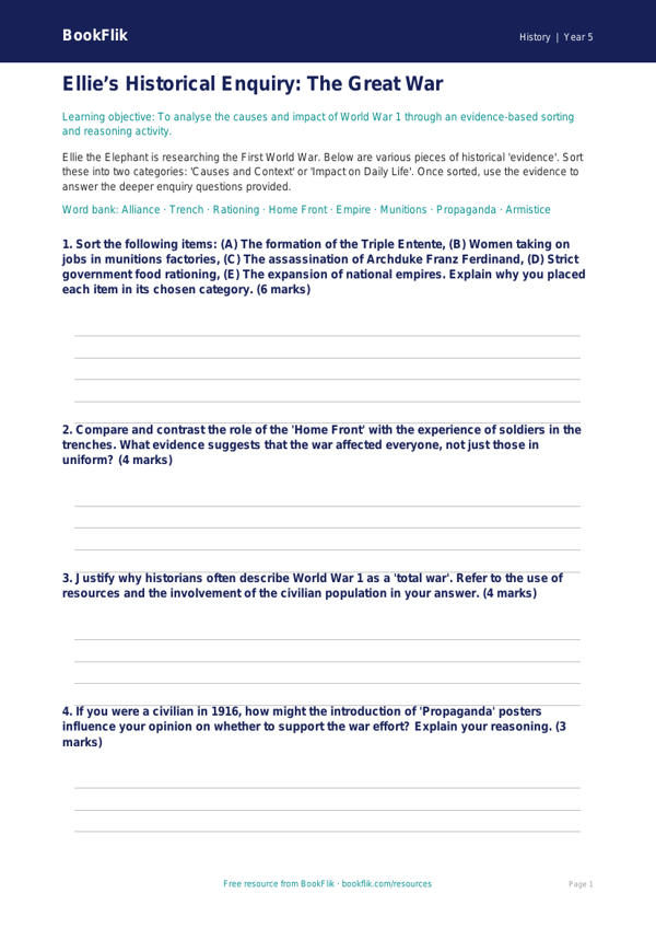 Free WW1 Activity Sheet | Year 5 Greater Depth | BookFlik worksheet preview — History Ww1