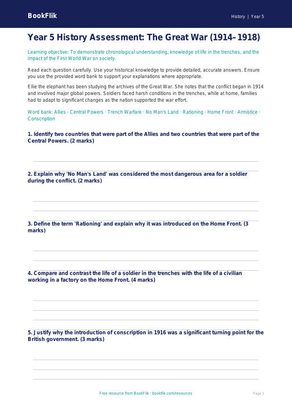 Free Ww1 Assessment | Year 5 Greater Depth | BookFlik worksheet preview — History Ww1