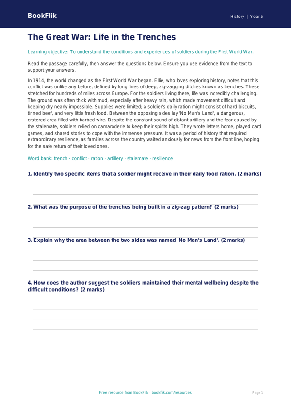 Free Ww1 Comprehension | Year 5 Greater Depth | BookFlik worksheet preview — History Ww1