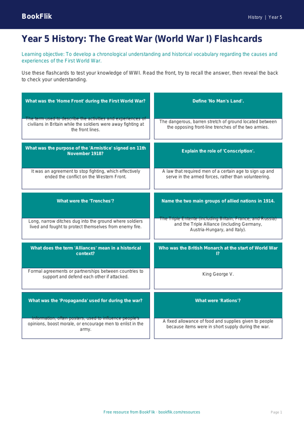 Free WW1 Flashcards | Year 5 Greater Depth | BookFlik worksheet preview — History Ww1