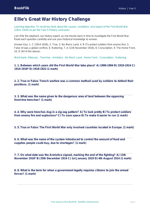 Free Ww1 Quiz | Year 5 Greater Depth | BookFlik worksheet preview — History Ww1