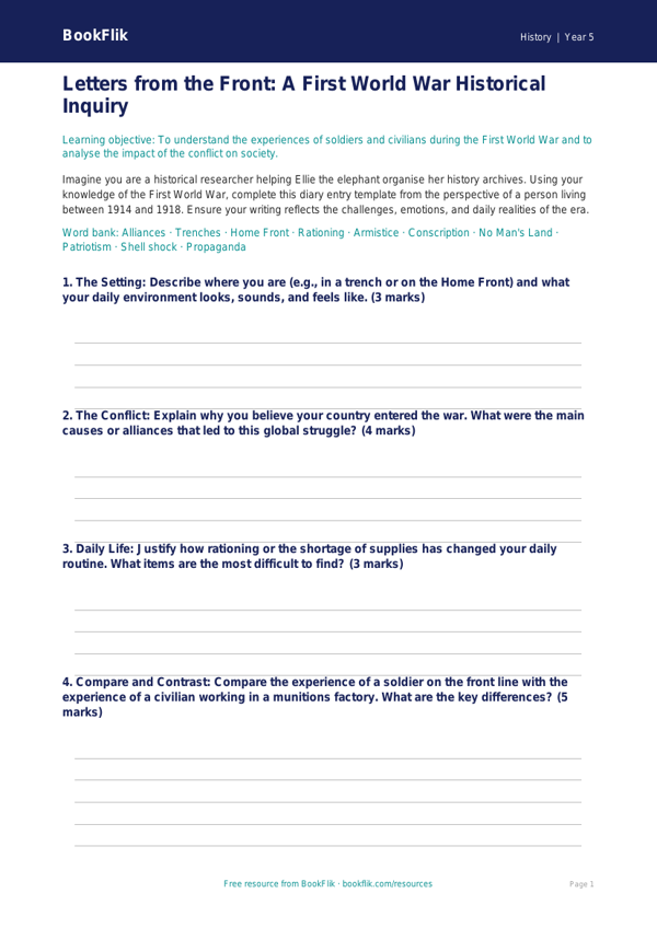 Free Ww1 Template | Year 5 Greater Depth | BookFlik worksheet preview — History Ww1