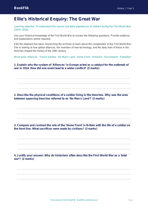 Free Ww1 Worksheet | Year 5 Greater Depth | BookFlik worksheet preview — History Ww1