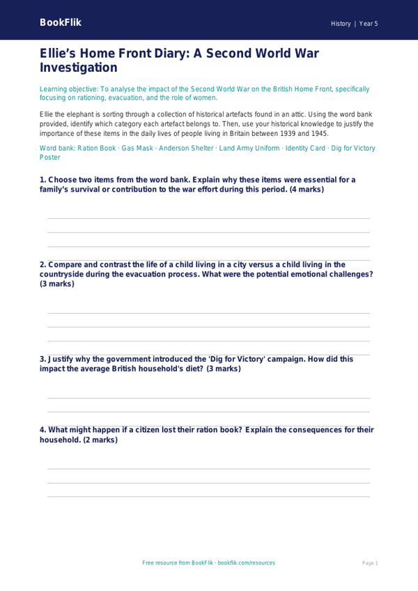 Free WW2 Activity Sheet | Year 5 Greater Depth | BookFlik worksheet preview — History Ww2