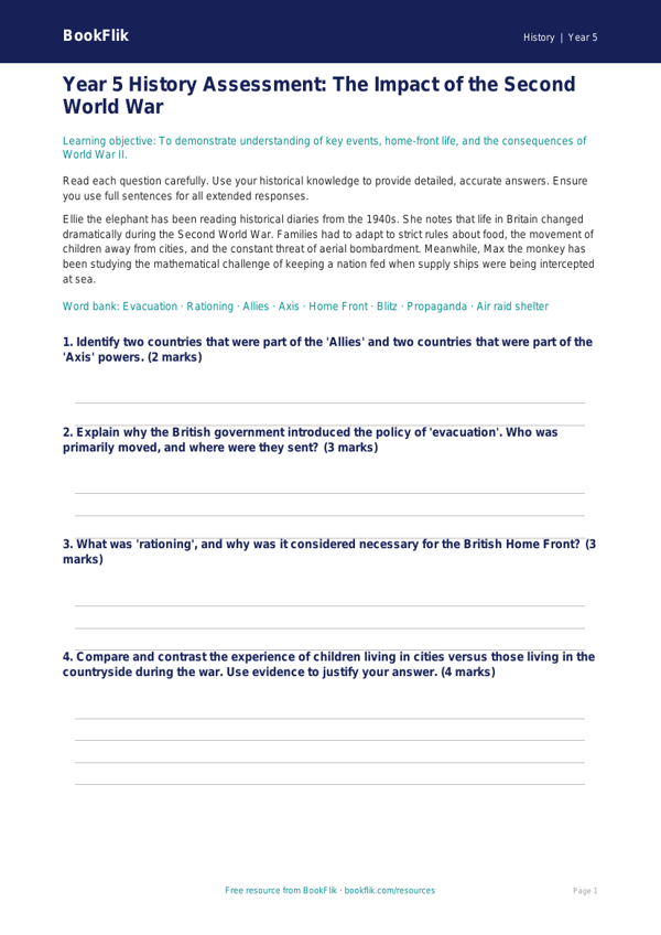 Free WW2 Assessment | Year 5 Greater Depth | BookFlik worksheet preview — History Ww2