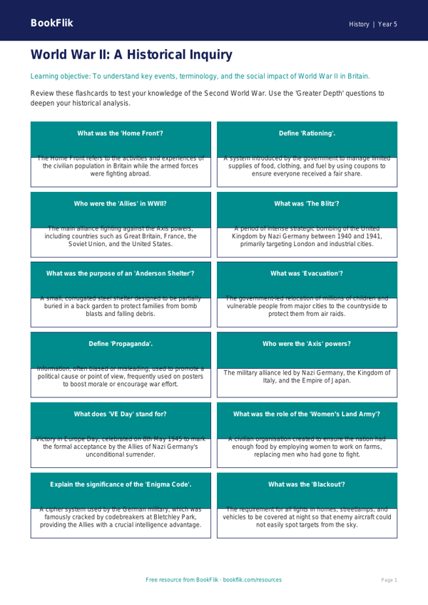 Free WW2 Flashcards | Year 5 Greater Depth | BookFlik worksheet preview — History Ww2