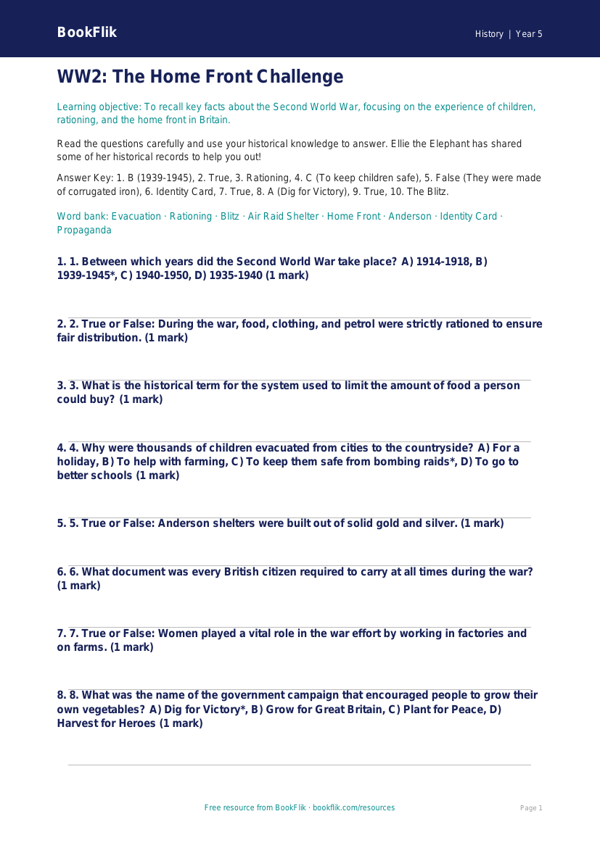 Free WW2 Quiz | Year 5 Greater Depth | BookFlik worksheet preview — History Ww2