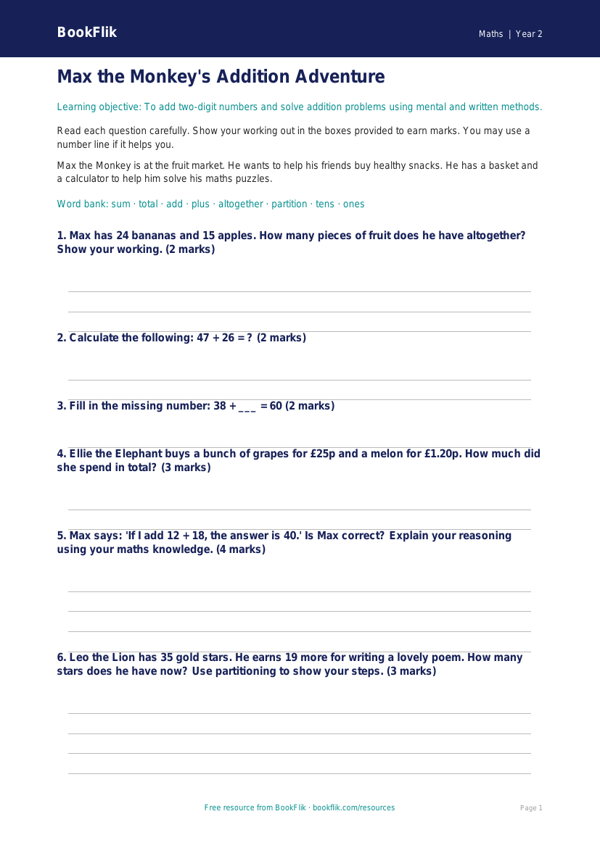 Free Addition Assessment | Year 2 Core | BookFlik worksheet preview — Maths Addition