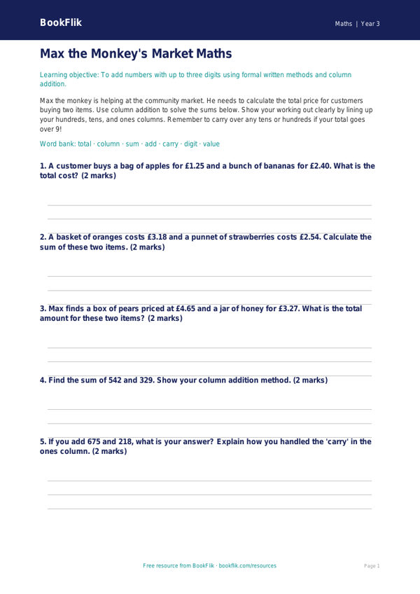 Free Addition Activity Sheet | Year 3 Core | BookFlik worksheet preview — Maths Addition