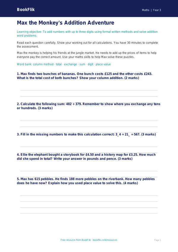 Free Addition Assessment | Year 3 Core | BookFlik worksheet preview — Maths Addition