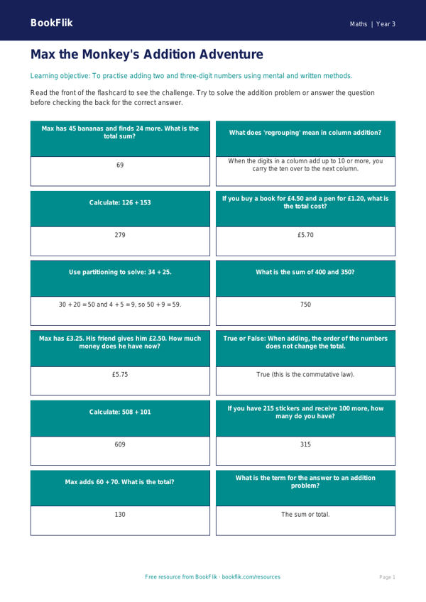 Free Addition Flashcards | Year 3 Core | BookFlik worksheet preview — Maths Addition