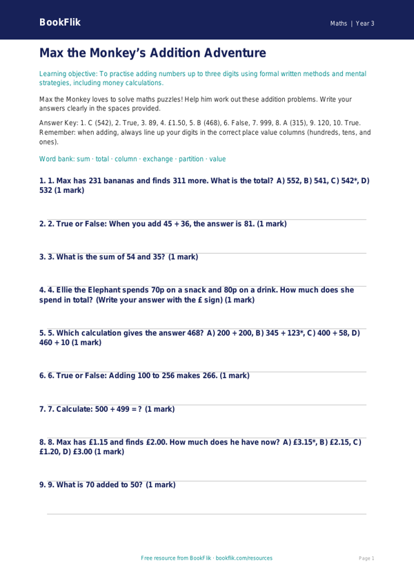 Free Addition Quiz | Year 3 Core | BookFlik worksheet preview — Maths Addition