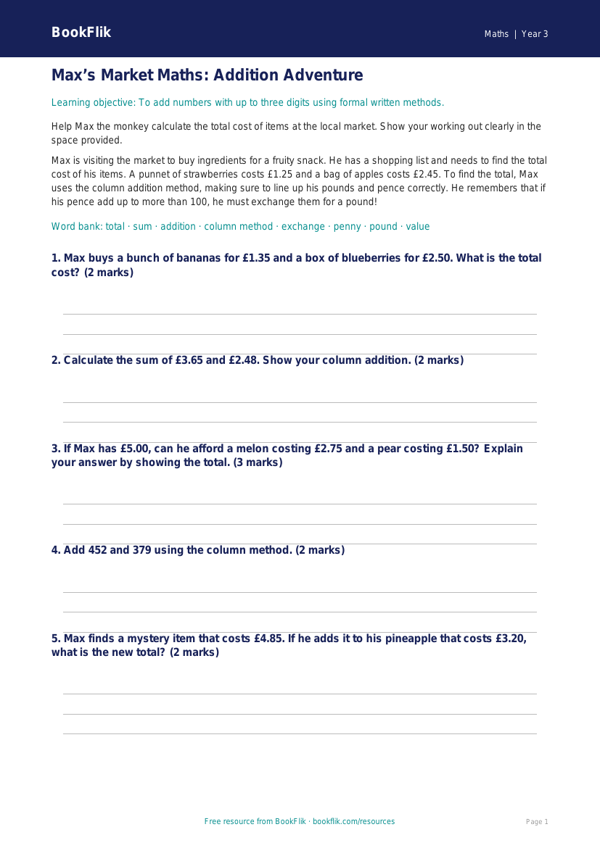 Free Addition Track Sheet | Year 3 Core | BookFlik worksheet preview — Maths Addition
