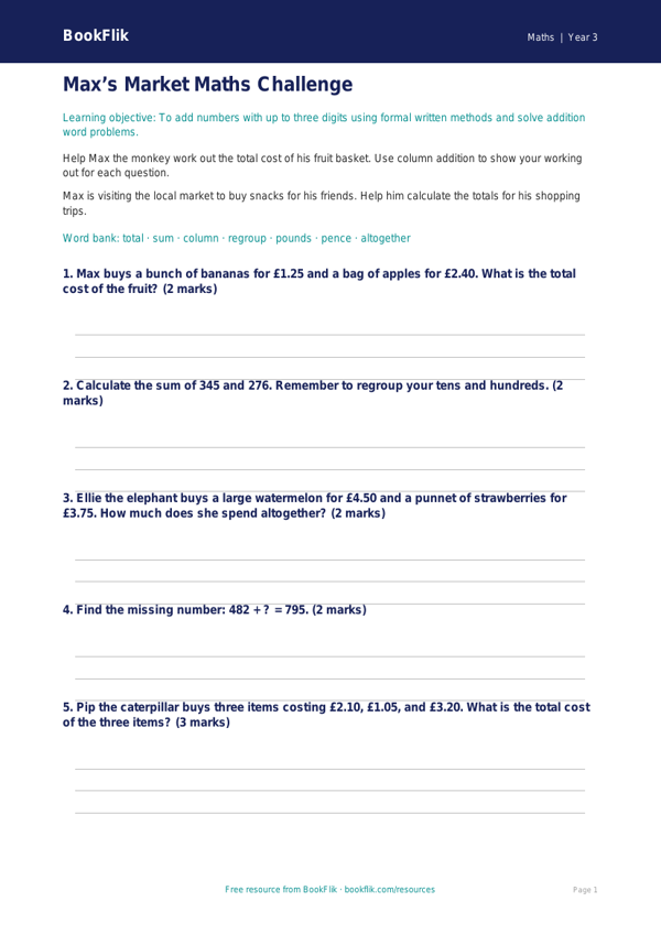 Free Addition Worksheet | Year 3 Core | BookFlik worksheet preview — Maths Addition