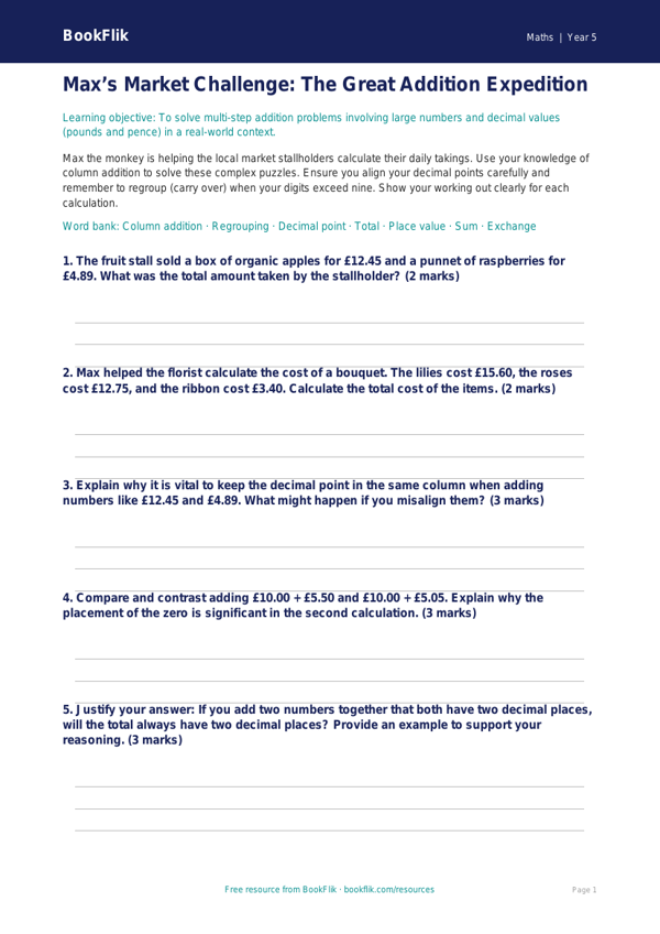 Free Addition Activity Sheet | Year 5 Greater Depth | BookFlik worksheet preview — Maths Addition