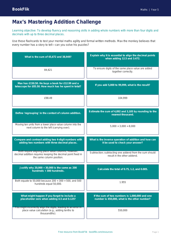 Free Addition Flashcards | Year 5 Greater Depth | BookFlik worksheet preview — Maths Addition