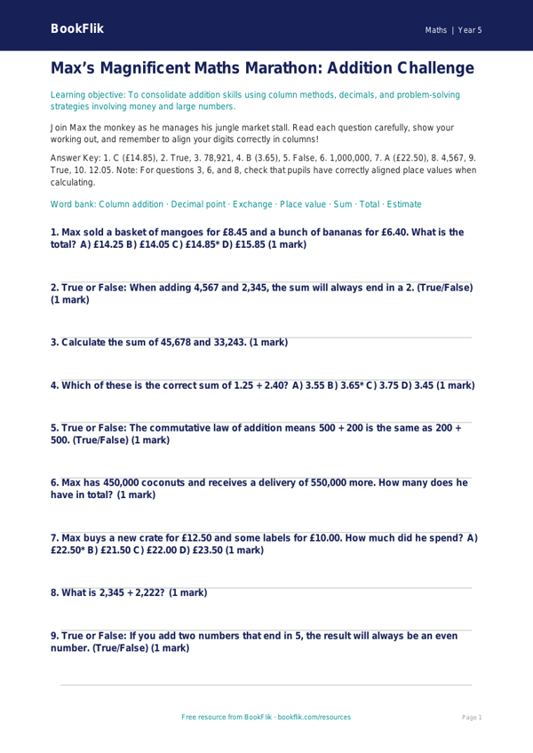 Free Addition Quiz | Year 5 Greater Depth | BookFlik worksheet preview — Maths Addition
